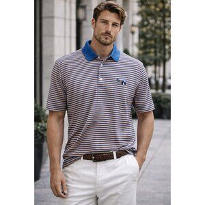 Peter Millar Men's Polo Shirt L Blue Orange Striped Cotton Golf Casual Flag Logo